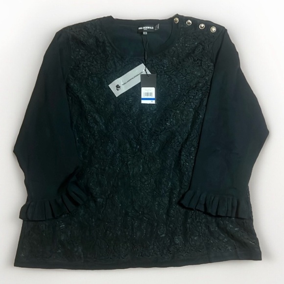 NWT Karl Lagerfeld deep green lace overlay sweater with metal button accents - Picture 1 of 12